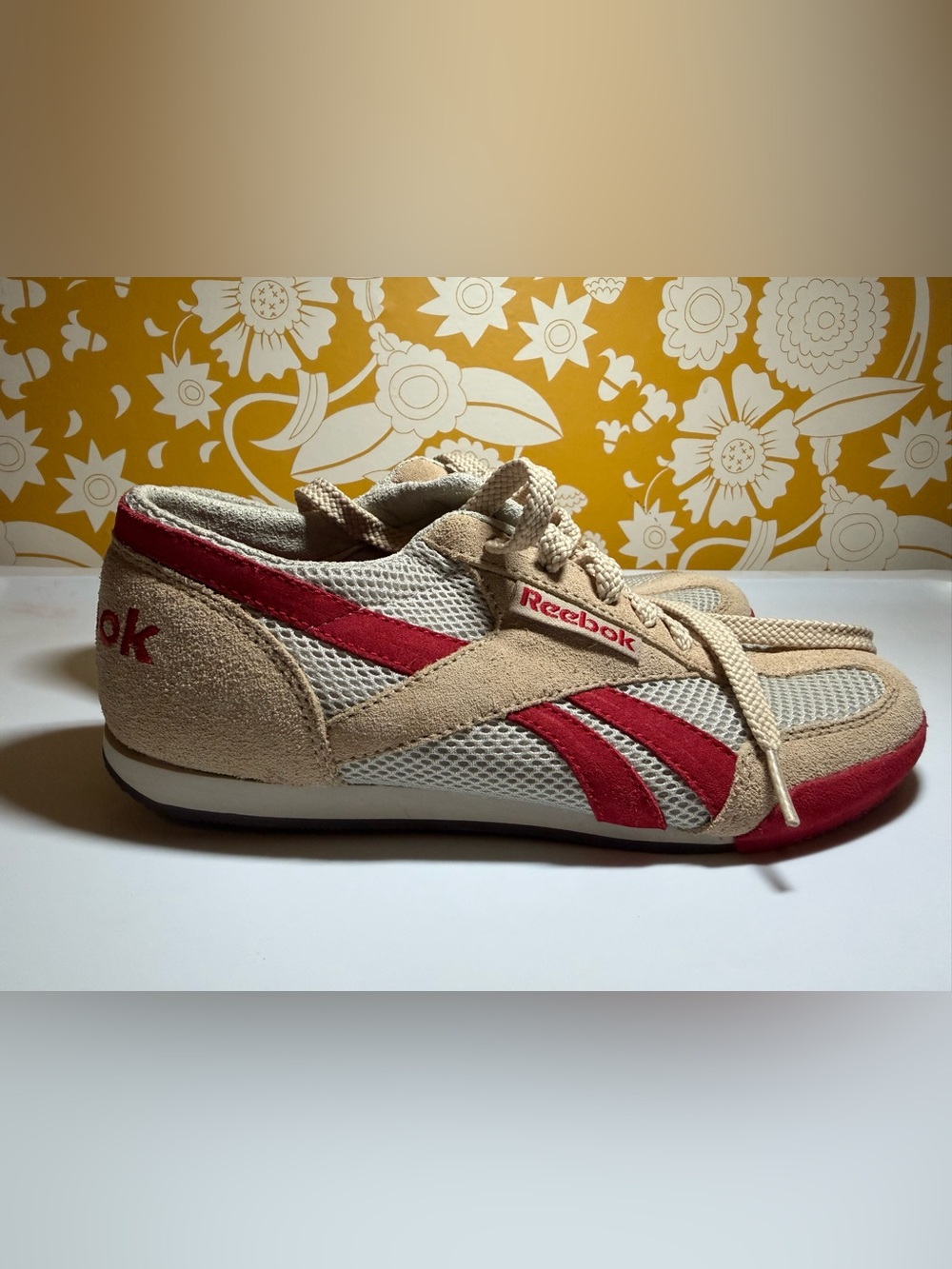 Reebok Women’s Tan and Red Mesh Suede Sneaker